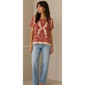 Madewell 100% Silk Tee Paisley Loop Red Cream Size XS Classic